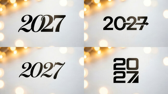 Set of four different black typography designs for the year 2027 on white background