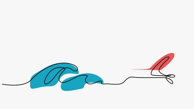 Continuous line art animation of a beach scene with ocean waves, a sunbed, and an umbrella.