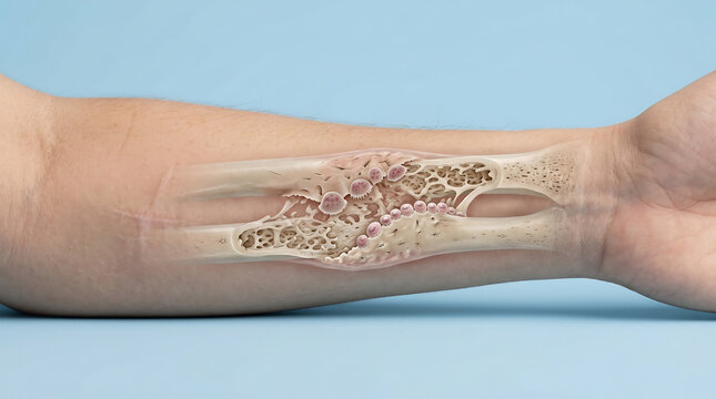 3D anatomical illustration of bone remodeling process in a human