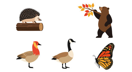 Fototapeta premium Fall forest wildlife icon set with bear hedgehog and goose