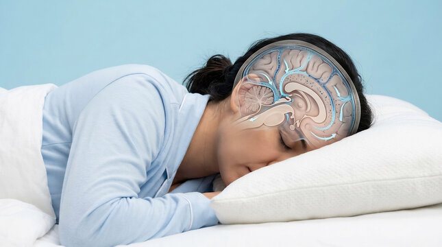Woman sleeping on a white pillow with a digital illustration of a