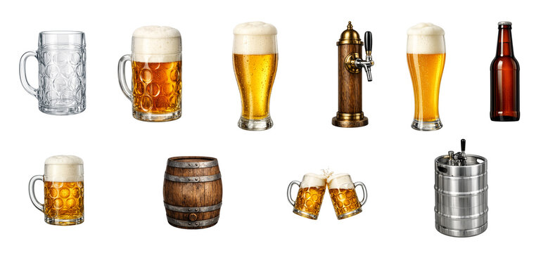 Oktoberfest beer and drink collection with beer mugs, stein, wheat beer glass, bottle, barrel, keg and beer tap on transparent background