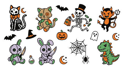 Fototapeta premium Halloween Cartoon Vector Illustration Set Featuring Spooky Characters and Decor Elements