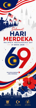 Malaysia Hari Merdeka 2026 poster celebrating the 69th National Day with patriotic colors, Malaysian landmarks, hibiscus flowers, and festive decorative elements.