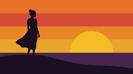 Fototapeta premium Silhouette of Woman Looking at Sunset Alone Vector Illustration