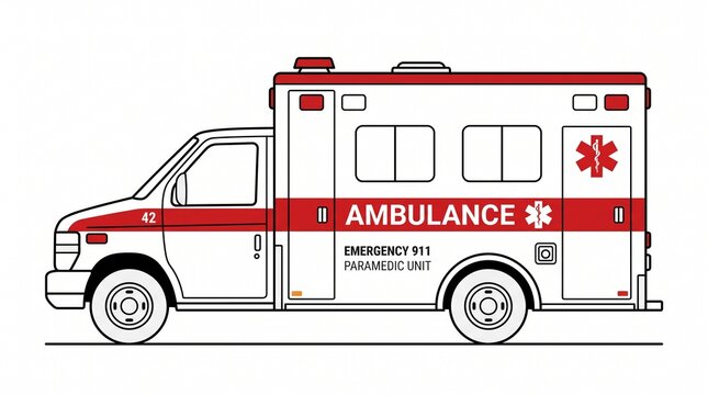 ​A clean, side-view vector illustration of a white and red paramedic ambulance on a white background