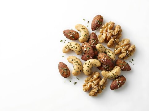 A top-down view of a delicious heap of herb-crusted nuts seasoned with salt and fresh green herbs on white background