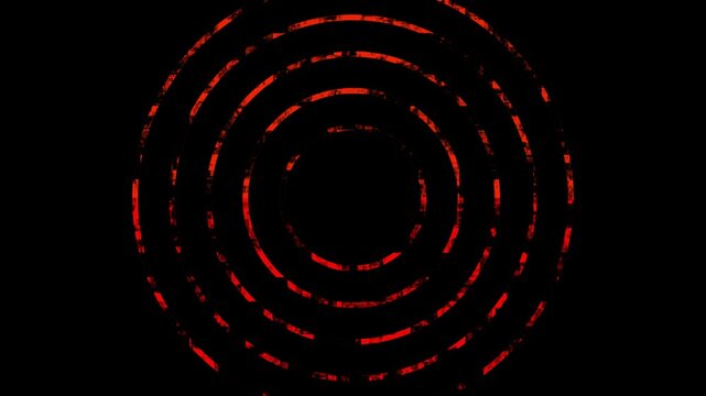 Red concentric circles with digital glitch effect on black background with subtle motion