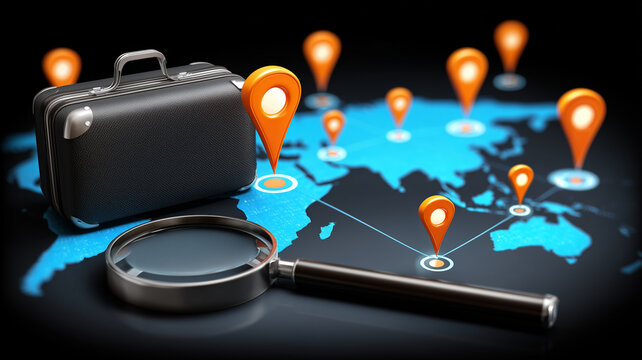 Suitcase and magnifying glass on a world map represent global travel research and destination planning
