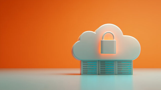 Locked cloud above server racks represents secure cloud storage and protected data infrastructure
