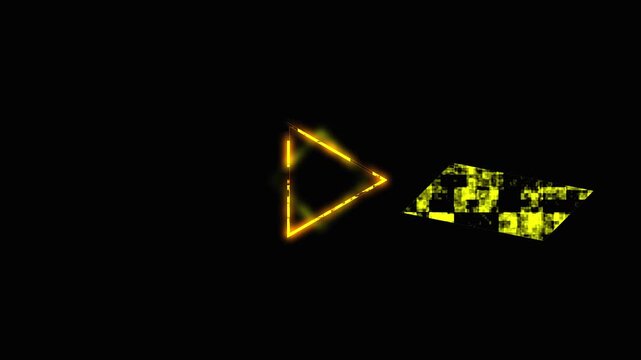 Abstract yellow triangle and rectangular shapes in motion against dark background with digital glitch effect