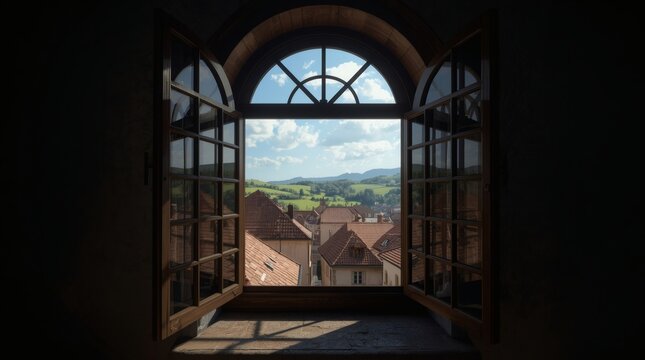 View of a charming European village through an open arched window on a sunny day