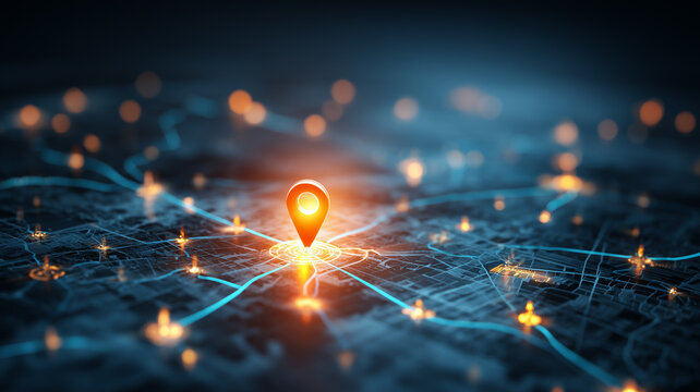 Location pin on a connected digital map representing navigation technology and geographic tracking
