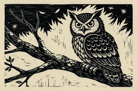 Linocut print owl perched branch cream