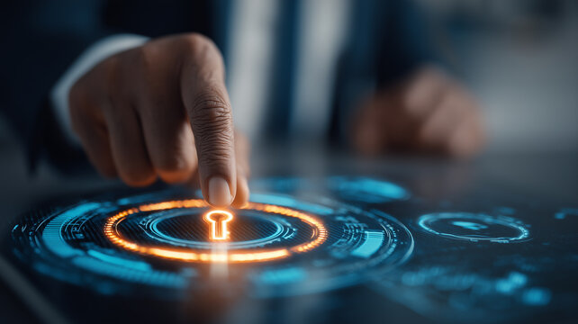 Finger pressing a digital keyhole interface representing secure access and identity protection
