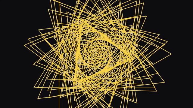 Golden fractal triangle expanding in hypnotic motion against dark background abstract digital art