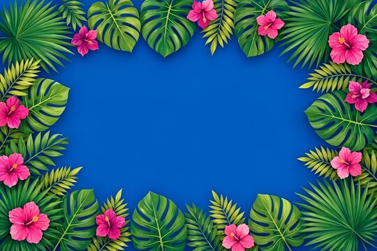 Summer Themed Decorative Border of Fresh Exotic Jungle Tropical Lush Green Foliage Leaf Shapes of Palm Fronds & Monsteras & Bright Pink Vibrant Flowers Arranged Bright Blue Background Copy Space Menu