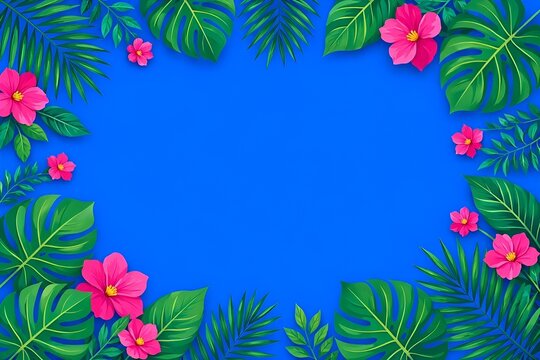 Summer Themed Decorative Border of Fresh Exotic Jungle Tropical Lush Green Foliage Leaf Shapes of Palm Fronds & Monsteras & Bright Pink Vibrant Flowers Arranged Bright Blue Background Copy Space Menu