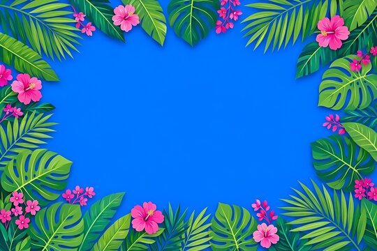 Summer Themed Decorative Border of Fresh Exotic Jungle Tropical Lush Green Foliage Leaf Shapes of Palm Fronds & Monsteras & Bright Pink Vibrant Flowers Arranged Bright Blue Background Copy Space Menu