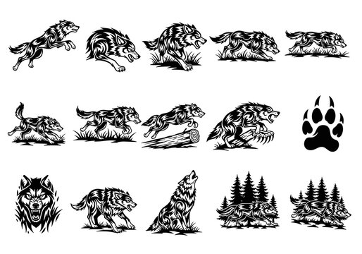 Tribal wolf heads and full body action illustrations