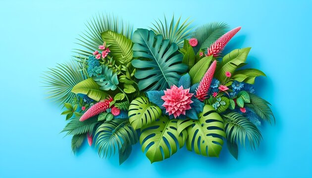 Summer Themed Decorative Border of Fresh Exotic Jungle Tropical Lush Green Foliage Leaf Shapes of Palm Fronds & Monsteras & Bright Pink Vibrant Flowers Arranged Bright Blue Background Copy Space Menu