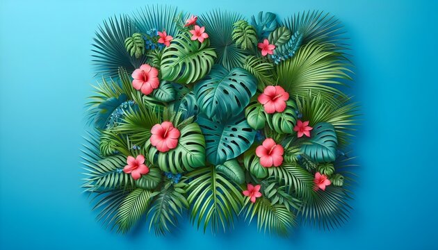 Summer Themed Decorative Border of Fresh Exotic Jungle Tropical Lush Green Foliage Leaf Shapes of Palm Fronds & Monsteras & Bright Pink Vibrant Flowers Arranged Bright Blue Background Copy Space Menu