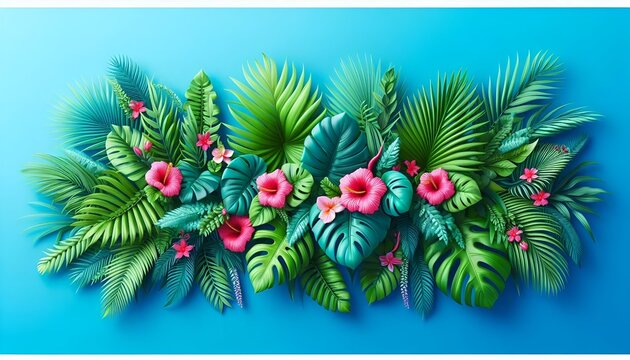 Summer Themed Decorative Border of Fresh Exotic Jungle Tropical Lush Green Foliage Leaf Shapes of Palm Fronds & Monsteras & Bright Pink Vibrant Flowers Arranged Bright Blue Background Copy Space Menu