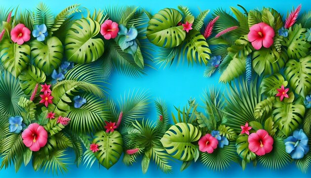 Summer Themed Decorative Border of Fresh Exotic Jungle Tropical Lush Green Foliage Leaf Shapes of Palm Fronds & Monsteras & Bright Pink Vibrant Flowers Arranged Bright Blue Background Copy Space Menu