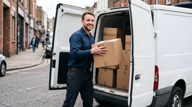A smiling delivery man in a blue uniform is standing by the open back doors of a white van, holding a cardboard box on a city street.