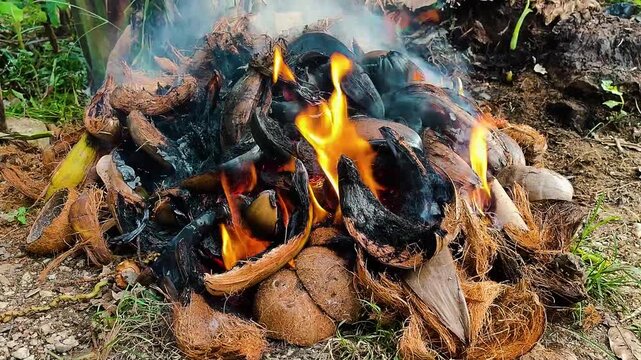 Close-up shot of a burning pile of coconut husks and shells with bright orange flames and smoke, ideal for waste burning and energy video projects.