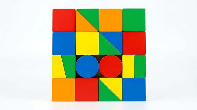A colorful flame-16 piece puzzle made of assorted wooden blocks arranged in a square format to challenge cognitive problem solving and logic skills