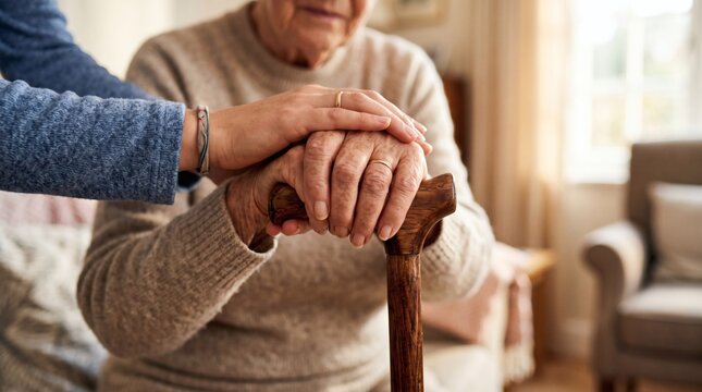 A close-up shot of an elderly person's hands holding a walking cane, with a younger person's hand gently placed on top, symbolizing care and support.