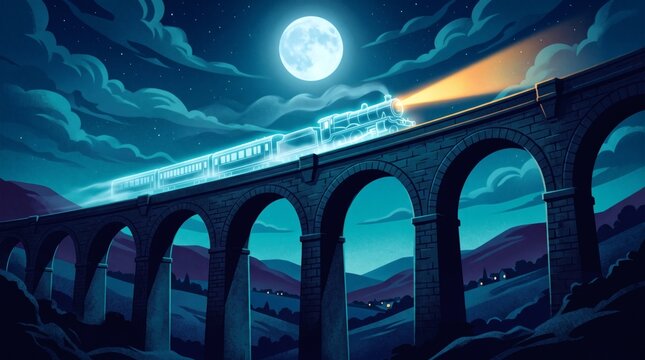 A glowing ghost train travels across a stone viaduct under a full moon and starry night sky, creating a magical and mysterious scene.
