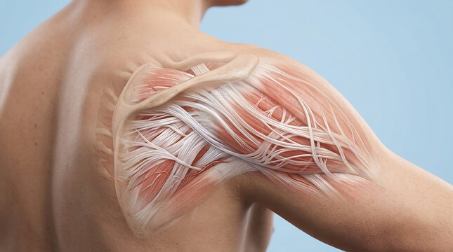 Detailed anatomical 3D render of a human shoulder joint showing