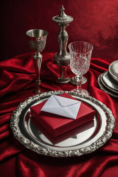 elegant table setting with red velvet backdrop and rsvp card