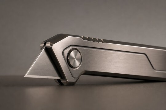 Modern stainless steel folding pocket knife with serrated edge and thumb stud, close-up detail on dark matte surface, minimalist industrial design, high contrast lighting