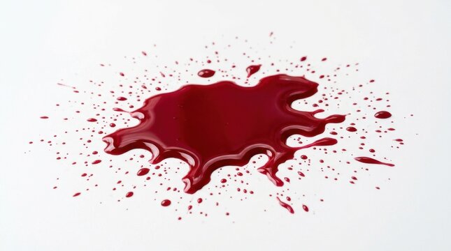 Fresh red blood splatter and liquid pool isolated on a clean white background, perfect for crime scene investigation, halloween horror concept, medical graphic, or liquid paint design.