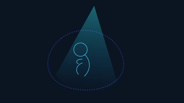 Fetal development ultrasound animation: glowing neon embryo with rotating spotlight beam for medical and science presentations 4k