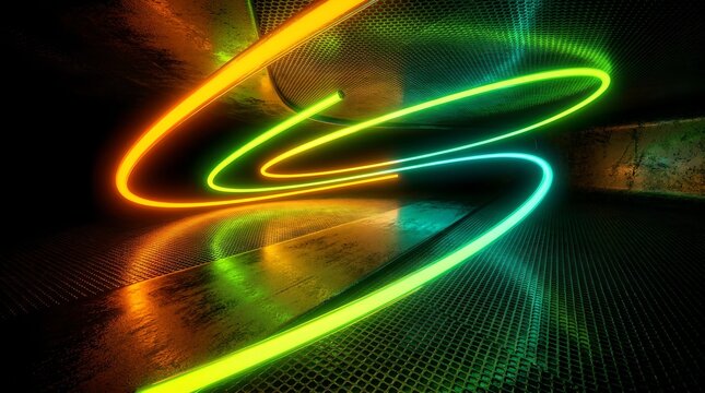 Diagonal neon orange and green light tubes in tunnel, Kpop sci-fi light themed horizontal banner