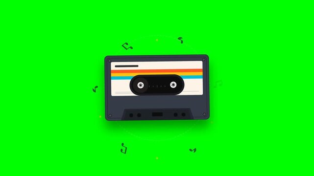 4K Retro Audio Cassette Tape Loop with Floating Music Notes on Green Screen Chroma Key