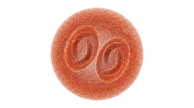 Microscopic 3D medical illustration of a Toxoplasma gondii oocyst containing sporocysts and banana-shaped sporozoites, showing parasitic infection structure for scientific research and education.