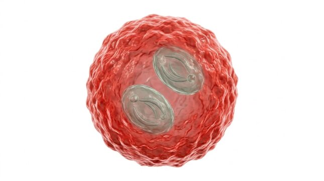 3D scientific illustration of a Toxoplasma gondii oocyst with internal sporocysts, microscopic parasite structure for infectious disease research, microbiology, parasitology, and cell biology study