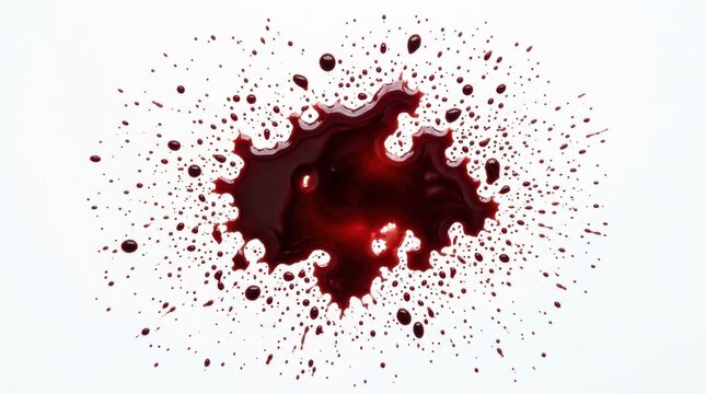 Realistic fresh red blood splatter and liquid drops isolated on clean white background, ideal for forensic crime scene investigation, horror halloween design, medical trauma, and violence concepts.