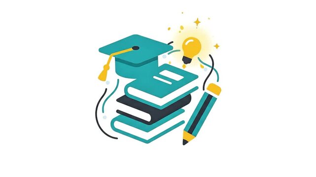 Minimalist Education Icon Animation Featuring Graduation Cap Stack of Books Pencil and Glowing Light Bulb