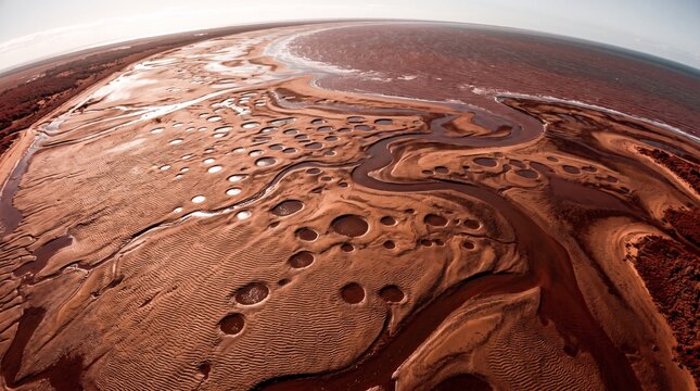 Wide aerial fisheye shot of winding river channels and circular depressions across an arid red desert landscape