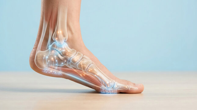 3D medical illustration of a human foot and ankle showing skeletal