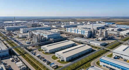 Fototapeta premium Expansive Industrial Manufacturing Complex Featuring Large Modern Production Facilities Under a Clear Blue Sky