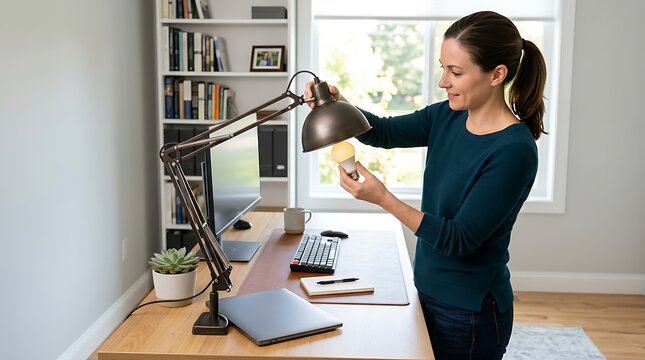 Woman changing a lightbulb in a desk lamp inside a home office workspace