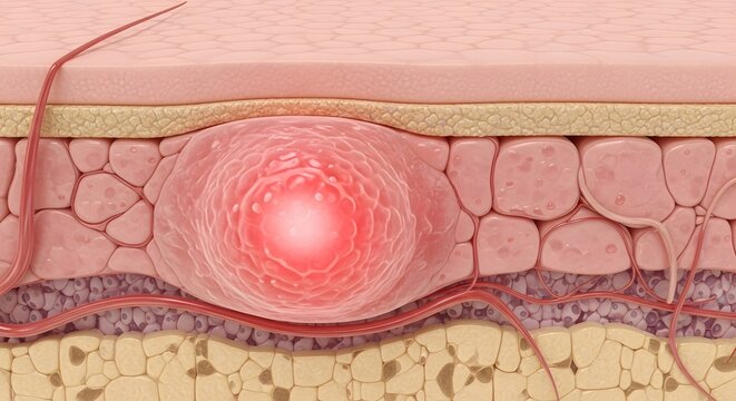 Medical Cross Section Illustrating Collagen Loss and Structural Changes in Aging Skin With Reduced Tissue Support and Elasticity