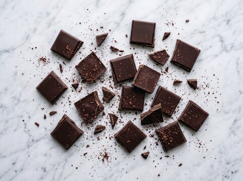Square dark chocolate chunks and crumbs scattered on marble stone top.